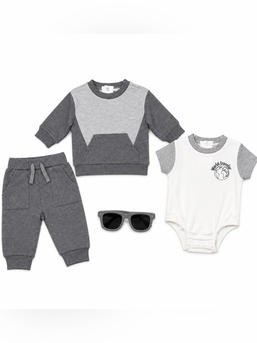 NEW - RZ Grey Two-Tone Sweatshirt, Onsie, Sunglasses & Jogger Set - Grey 3/6M